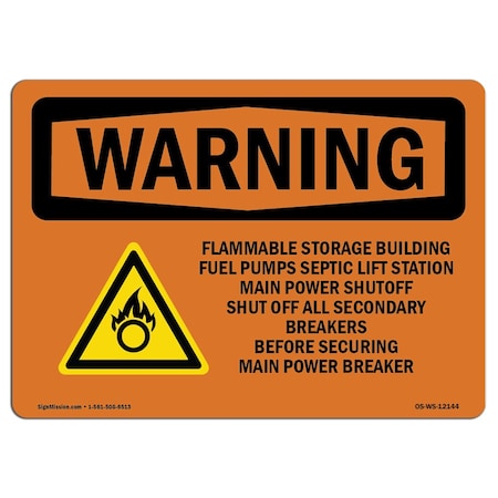 Signmission OSHA Warning Sign, 5" Height, 7" Width, Flammable Storage Building Fuel With Symbol, Landscape OS-WS-D-57-L-12144